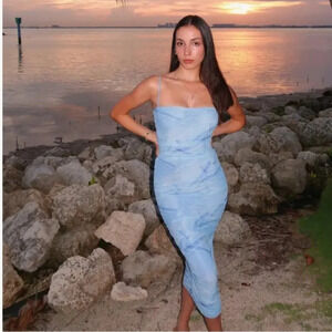 Good American Ruched Mesh Midi Dress Blue Denim  Print Size 4